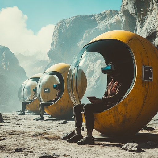 Dystopian future: Humans plugged into virtual reality pods, escaping a desolate real world --v 6.1