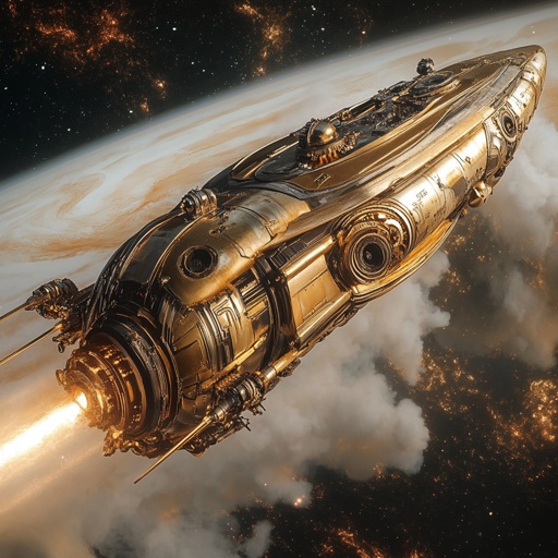 Steampunk-inspired spaceship with brass gears and steam vents, orbiting a ringed gas giant --v 6.1