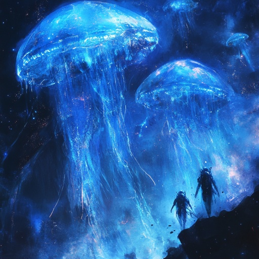 Massive organic spaceships resembling bioluminescent jellyfish, drifting through a nebula --v 6.1