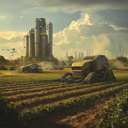 Dystopian farmlands with genetically modified crops and automated harvesting machines --v 6.1