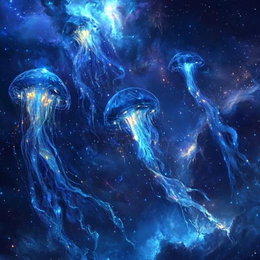 Massive organic spaceships resembling bioluminescent jellyfish, drifting through a nebula --v 6.1