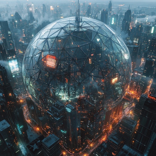 Cyberpunk city built inside a massive geodesic dome on a polluted, uninhabitable Earth surface --v 6.1