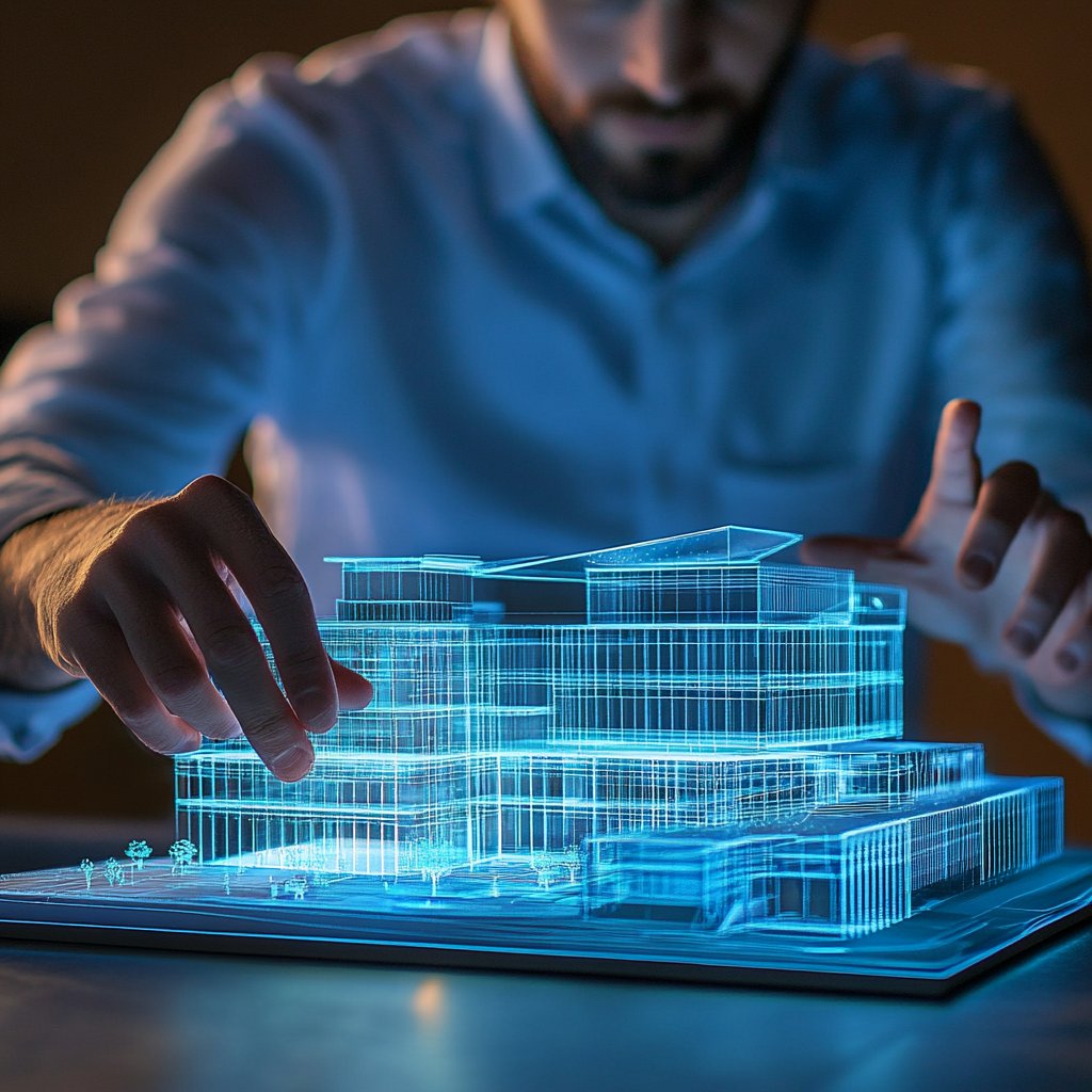 Holographic interface: Architect designing a building using gesture-controlled holographic modeling --v 6.1