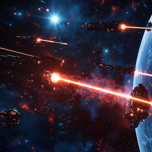 Space battle: Planet-based defense systems firing orbital lasers at invading alien armada --v 6.1