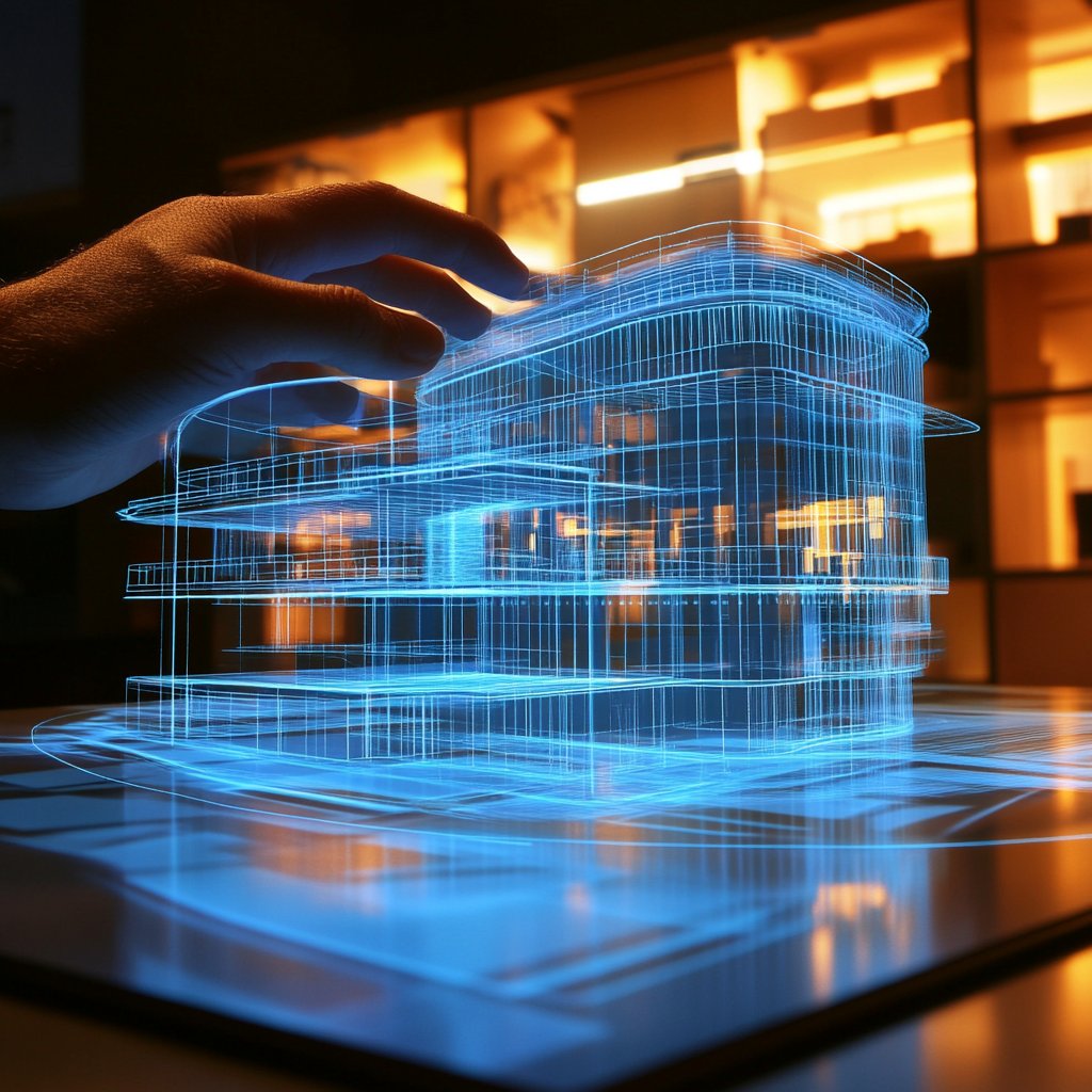 Holographic interface: Architect designing a building using gesture-controlled holographic modeling --v 6.1