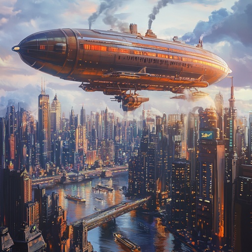 Retro futurism: Dieselpunk zeppelin luxury cruise liner floating above a retro-styled megalopolis --v 6.1