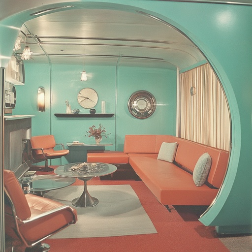 Retro futurism: Atompunk fallout shelter decorated with mid-century modern furniture --v 6.1