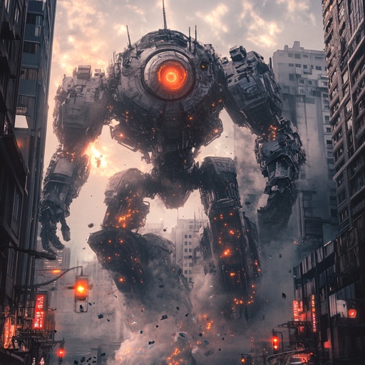 Mecha and exosuits: Colossal humanoid mecha defending a futuristic city from kaiju attack --v 6.1